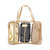 Wholesale - 4pc CLEAR/GOLD PVC, METALLIC PU, LACE AND GLITTER PVC POUCH NESTED ORGANIZER COSMETIC BAG SET, UPC: BMCB040293